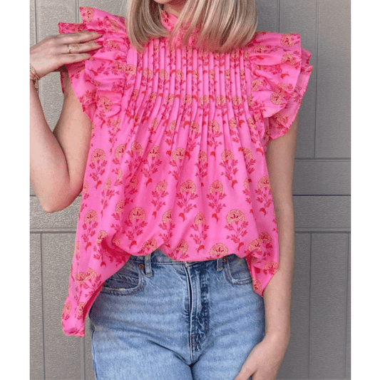 Raylee Floral Print Pleated Ruffled Flutter Sleeve Blouse