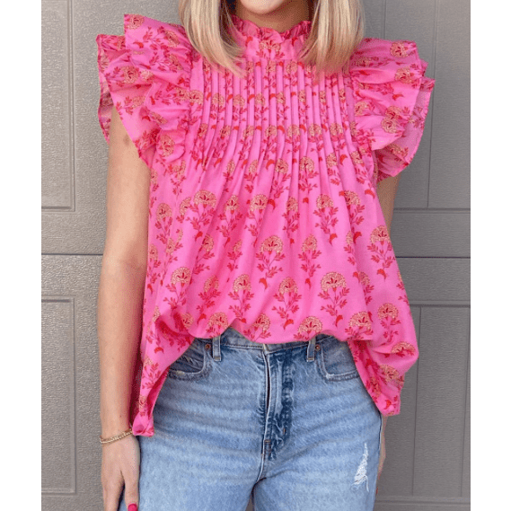 Raylee Floral Print Pleated Ruffled Flutter Sleeve Blouse