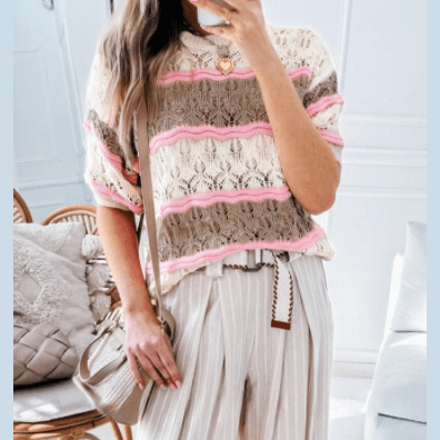 Caroline Brown Stripe Color Block Hollow Out Crochet Half Sleeve Sweater