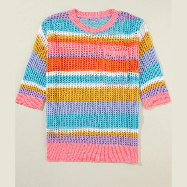 Jaylah Pink Stripe Colorblock Hollowed Crochet 3/4 Sleeve Sweater