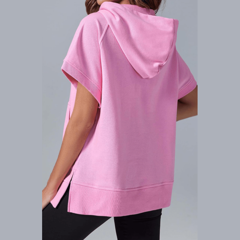 Minita Pink Half Zipper Kangaroo Pocket Short Sleeve Hoodie