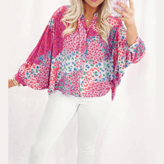 Dorinda Floral Allover Print Buttoned V Neck Oversized Shirt