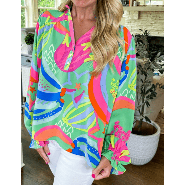 Kirstee Green Abstract Print Ruffled Sleeve Buttoned V Neck Blouse * S-4X