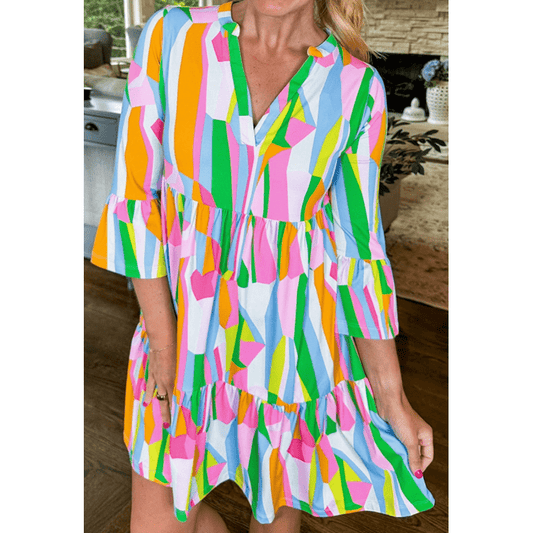 Cassender Green Abstract Print Ruffled Sleeve V Neck Dress