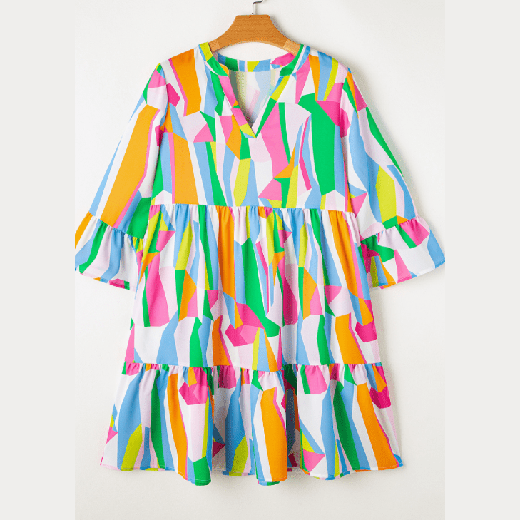 Cassender Green Abstract Print Ruffled Sleeve V Neck Dress