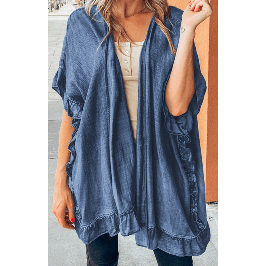 Merisha Dusk Blue Chambray Ruffle Hem Half Sleeve Open Loose Kimono