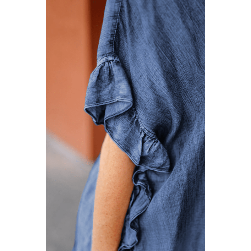 Merisha Dusk Blue Chambray Ruffle Hem Half Sleeve Open Loose Kimono