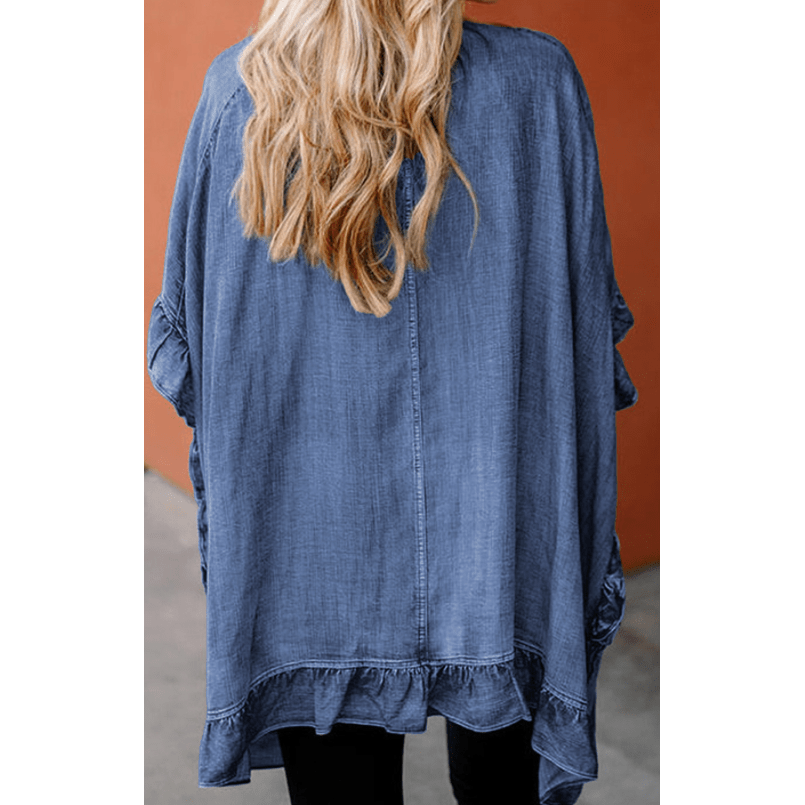 Merisha Dusk Blue Chambray Ruffle Hem Half Sleeve Open Loose Kimono