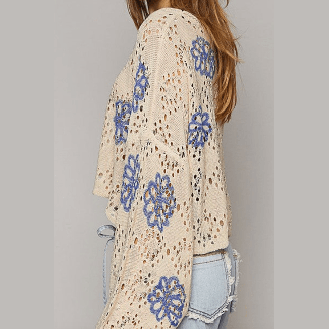 Teresa Beige Contrast Flower Print Eyelet Drop Shoulder Sweater