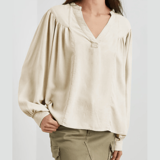 Dharma Lantern Sleeve Notched V Neck Blouse