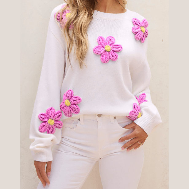 Cindi White Floral Crochet Chunky Knit Sweater