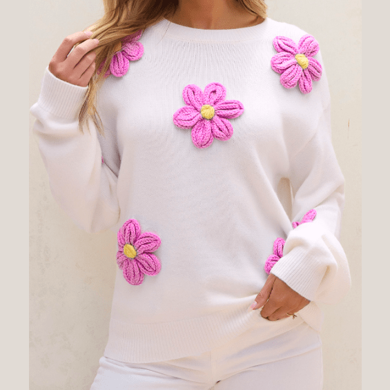 Cindi White Floral Crochet Chunky Knit Sweater