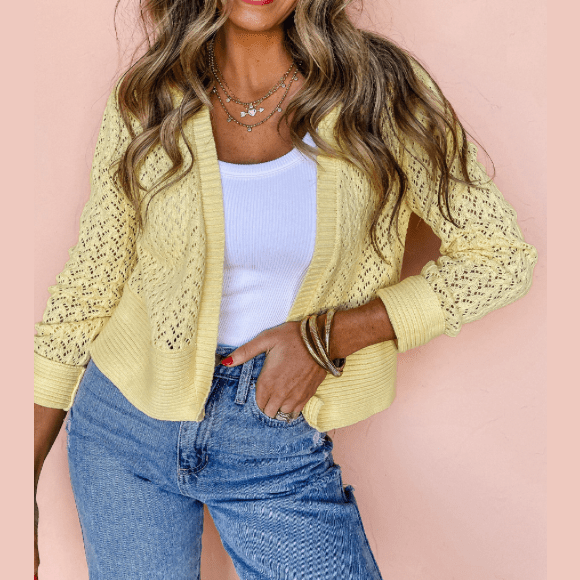 Ember Yellow Pointelle Knit Open Front Short Cardigan