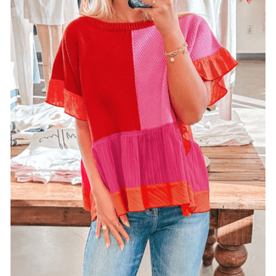 Liza Tomato Red Mix Knitted Patchwork Ruffle Trim Loose Sweater