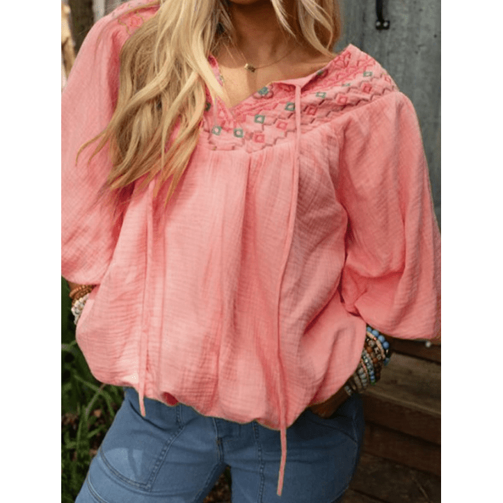 Janessa Pink Geometric Embroidered V Neck Puff Sleeve Blouse