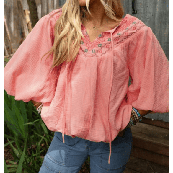 Janessa Pink Geometric Embroidered V Neck Puff Sleeve Blouse