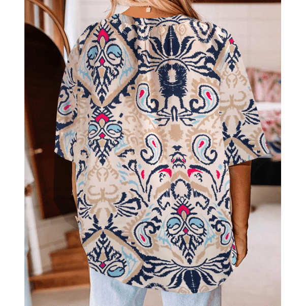 Lane Abstract Printed Notched V Neck Split Half Sleeve Blouse