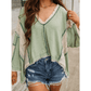 Mandee Grass Green Crochet Detail Exposed Seam High Low Loose Top