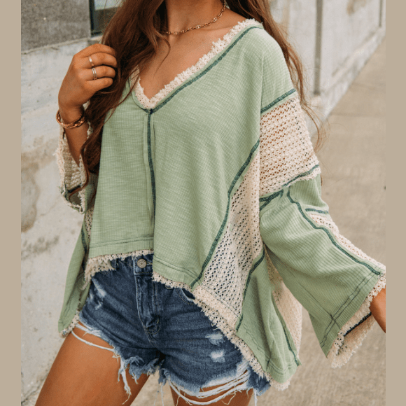 Mandee Grass Green Crochet Detail Exposed Seam High Low Loose Top