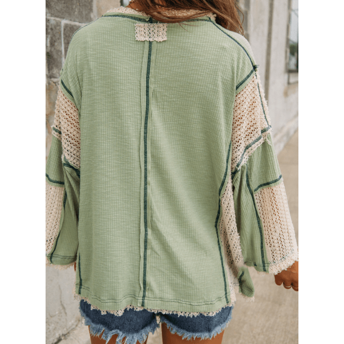 Mandee Grass Green Crochet Detail Exposed Seam High Low Loose Top