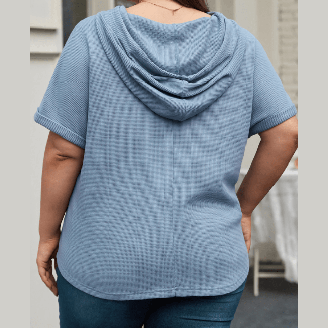 Chrysta Blue PLUS SIZE Waffle Knit Short Sleeve Drawstring Hoodie