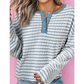 Davi Sky Blue Stripe Textured Frilly Trim Buttons Henley Long Sleeve Top