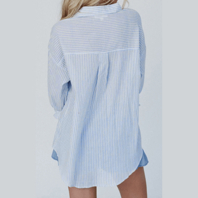 Steff Sky Blue Stripe Ruffled Button up Long Sleeve Shirt