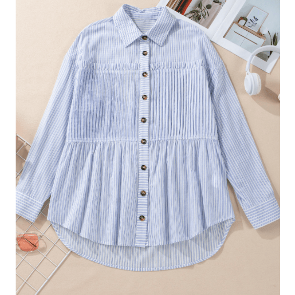 Steff Sky Blue Stripe Ruffled Button up Long Sleeve Shirt