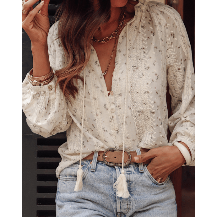 Haddie Floral Embroidered Lace Bubble Sleeve Shirt