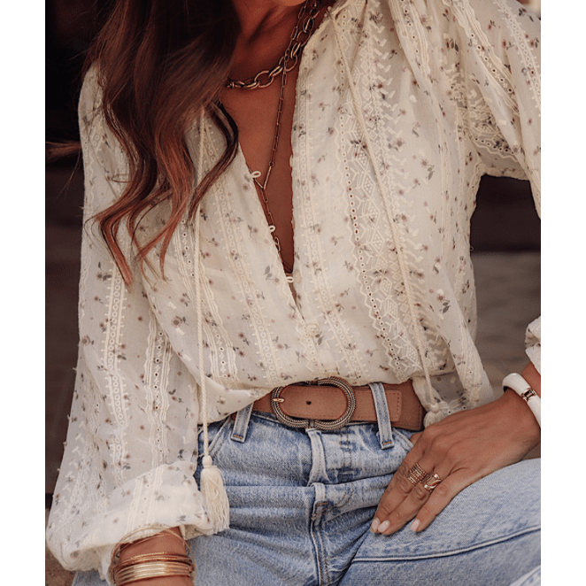 Haddie Floral Embroidered Lace Bubble Sleeve Shirt