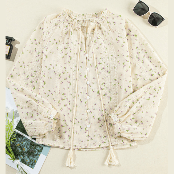 Haddie Floral Embroidered Lace Bubble Sleeve Shirt