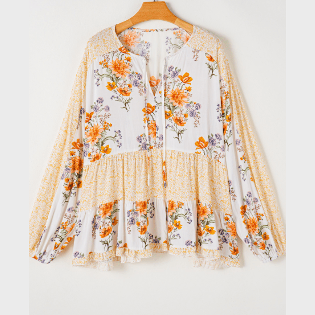 Carlice PLUS SIZE Floral Print V Neck Puff Sleeve Blouse