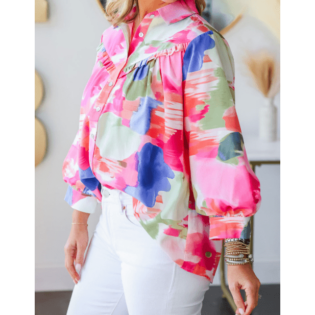 Naomi Multicolour Abstract Printed Lantern Sleeve Frilled Button Front Collared Shirt