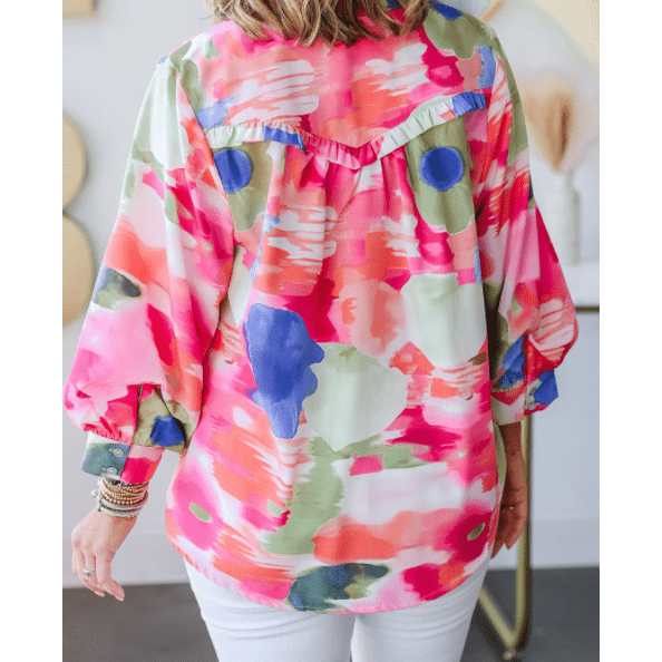 Naomi Multicolour Abstract Printed Lantern Sleeve Frilled Button Front Collared Shirt