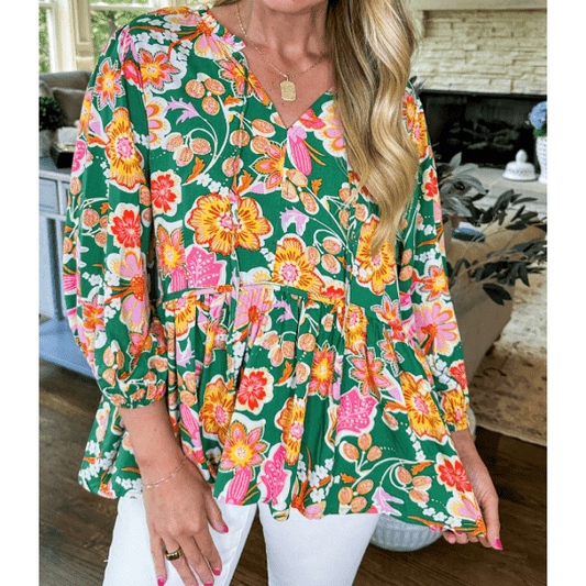 Thea Green Floral Puff Sleeve V Neck Peplum Blouse