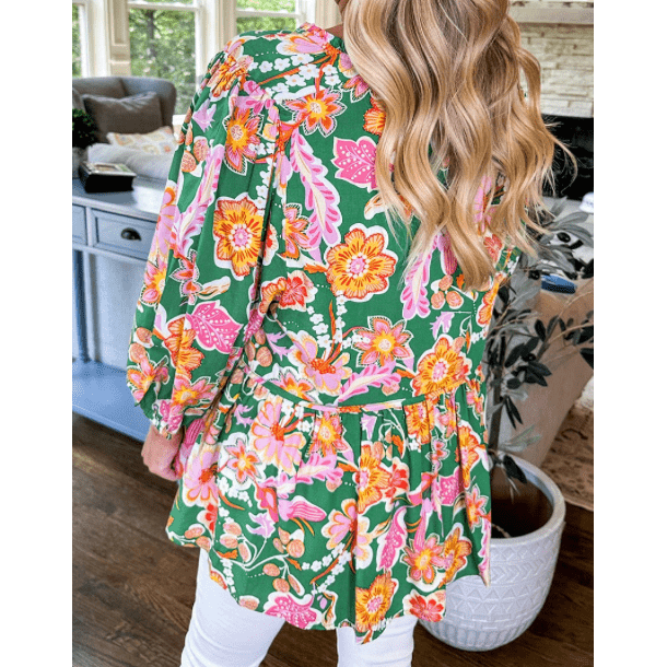 Thea Green Floral Puff Sleeve V Neck Peplum Blouse