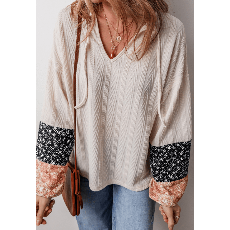 Leeza Beige Floral Patchwork Textured Knit Drawstring V Neck Blouse