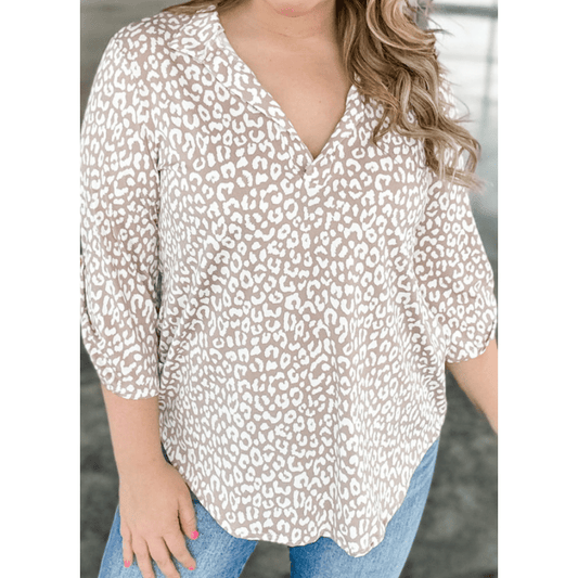 Jodie Leopard Tab Sleeve V Neck PLUS SIZE Top