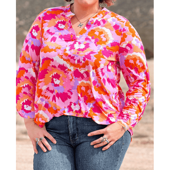 Gaya Pink PLUS SIZE Abstract Floral Print V Neck Blouse