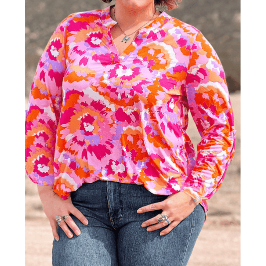 Gaya Pink PLUS SIZE Abstract Floral Print V Neck Blouse