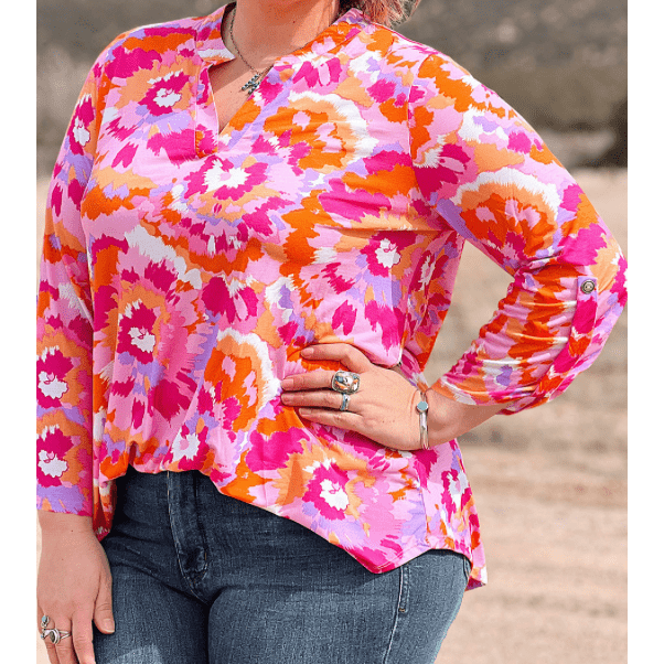 Gaya Pink PLUS SIZE Abstract Floral Print V Neck Blouse