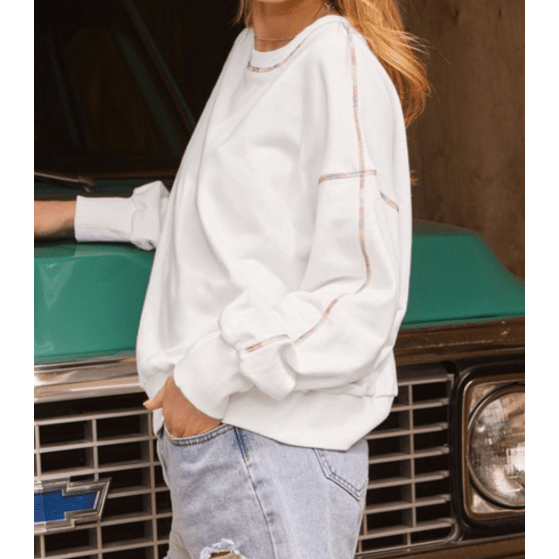 Trista White Contrast Rainbow Trim Drop Shoulder Pullover Sweatshirt