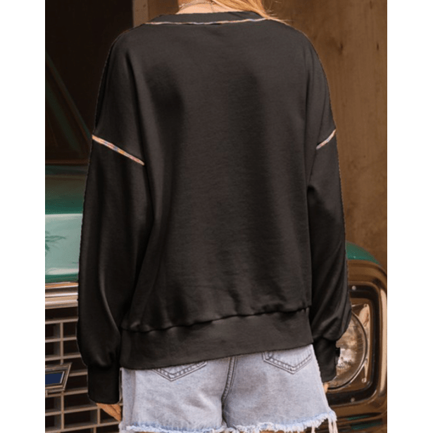 Trista Black Contrast Rainbow Trim Drop Shoulder Pullover Sweatshirt