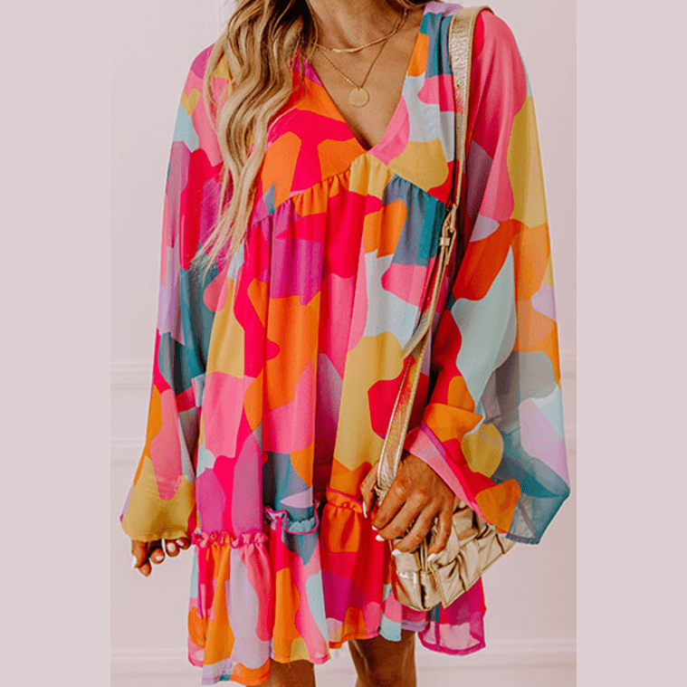 Mikala Abstract Print Bell Sleeve V Neck Babydoll Dress