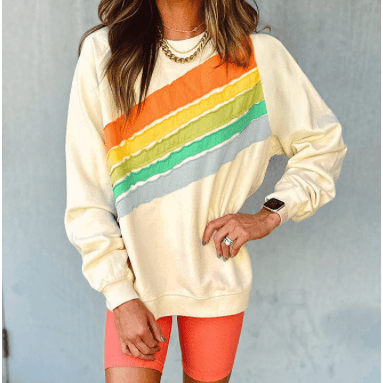 Mari Apricot Rainbow Colorblock Striped Pullover Sweatshirt