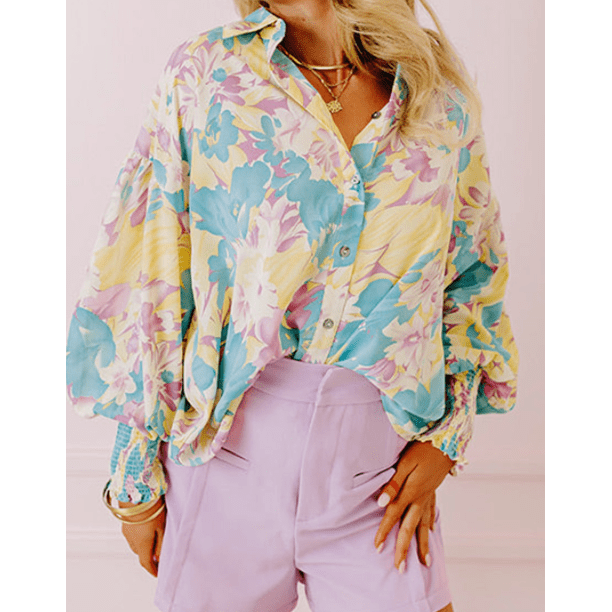 Melise Yellow Floral Allover Print Shirred Cuff Oversized Shirt