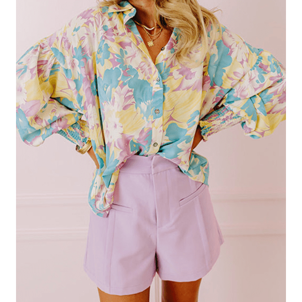 Melise Yellow Floral Allover Print Shirred Cuff Oversized Shirt