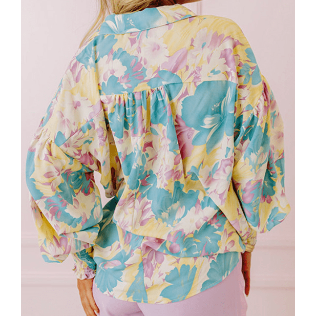 Melise Yellow Floral Allover Print Shirred Cuff Oversized Shirt