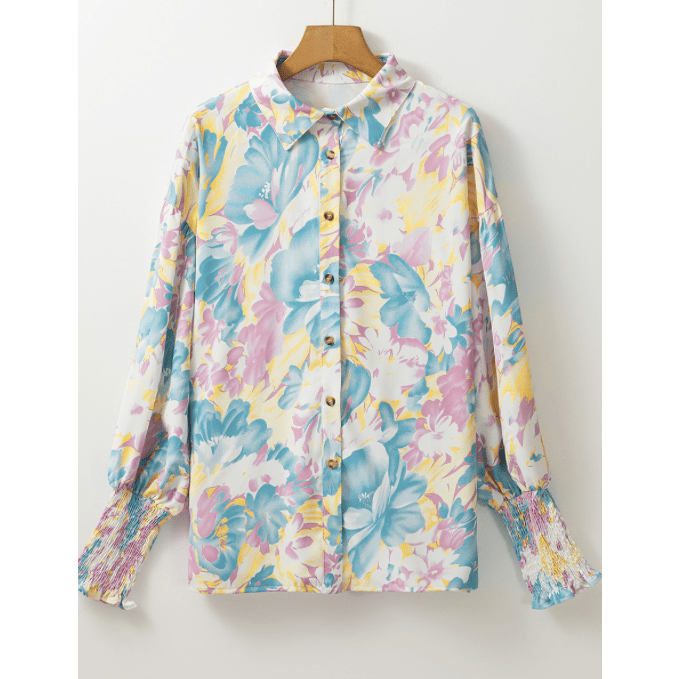 Melise Yellow Floral Allover Print Shirred Cuff Oversized Shirt