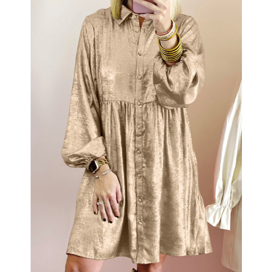 Kath Apricot Metallic Sheen Puff Sleeve Button Up Mini Shirt Dress